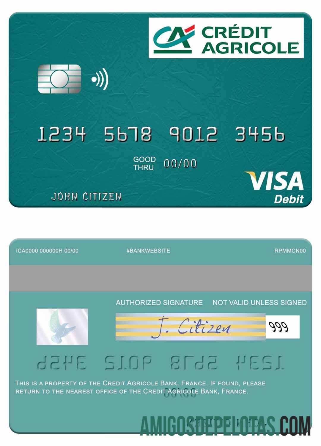 Cartão de débito Visa do Banco Credit Agricole da França modelo